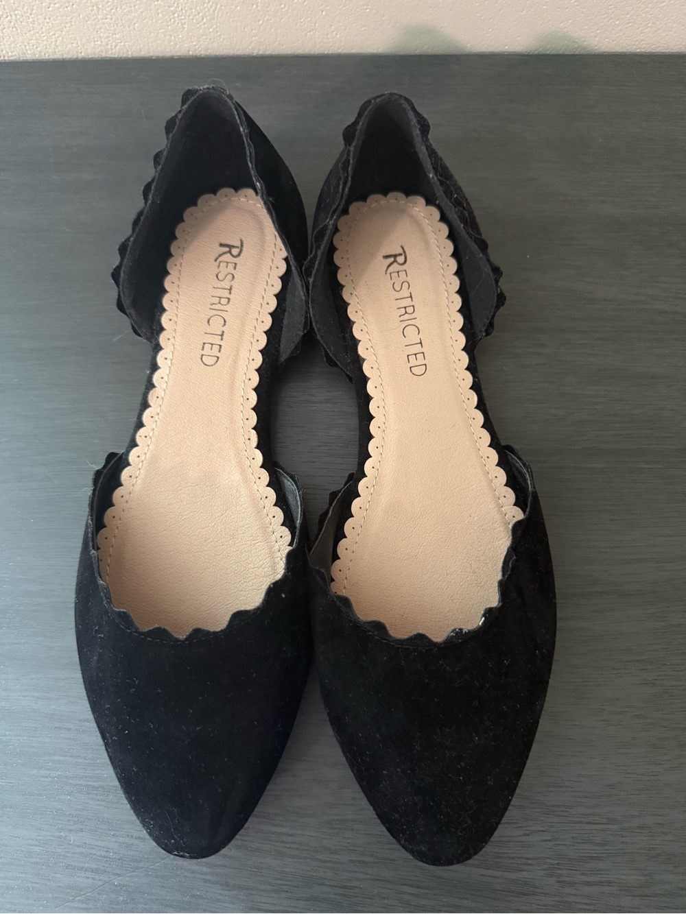 Restricted Black Scalloped Pointed Toe D'Orsay Flats